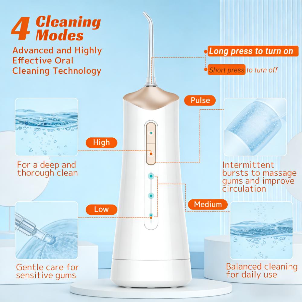 4-Mode Portable Water Flosser (300ml Tank with 5 Jet Tips)