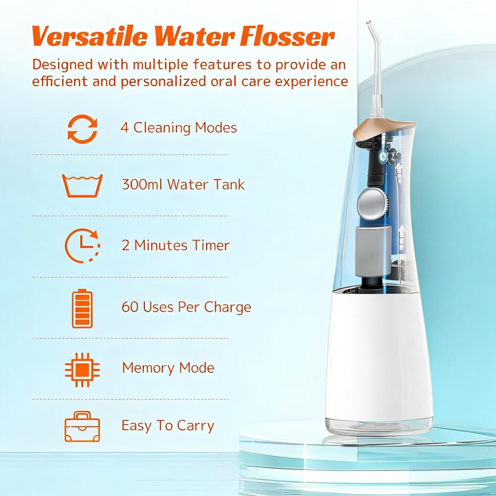 4-Mode Portable Water Flosser (300ml Tank with 5 Jet Tips)