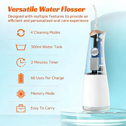 4-Mode Portable Water Flosser (300ml Tank with 5 Jet Tips)